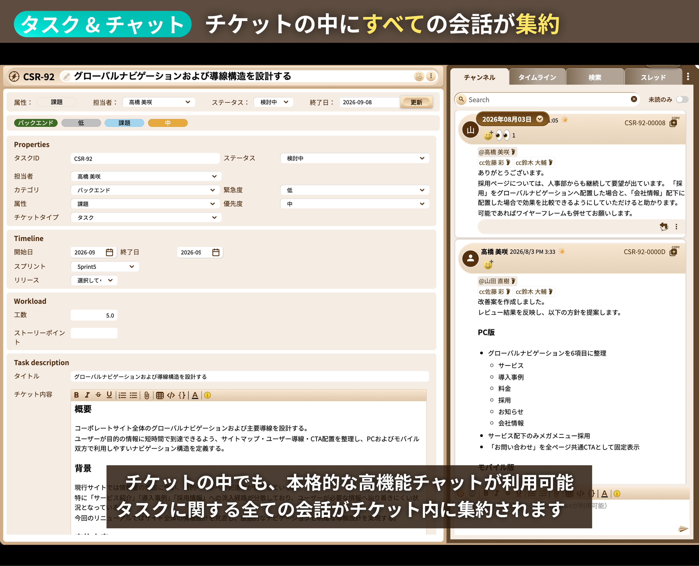 チケットの中にすべての会話が集約