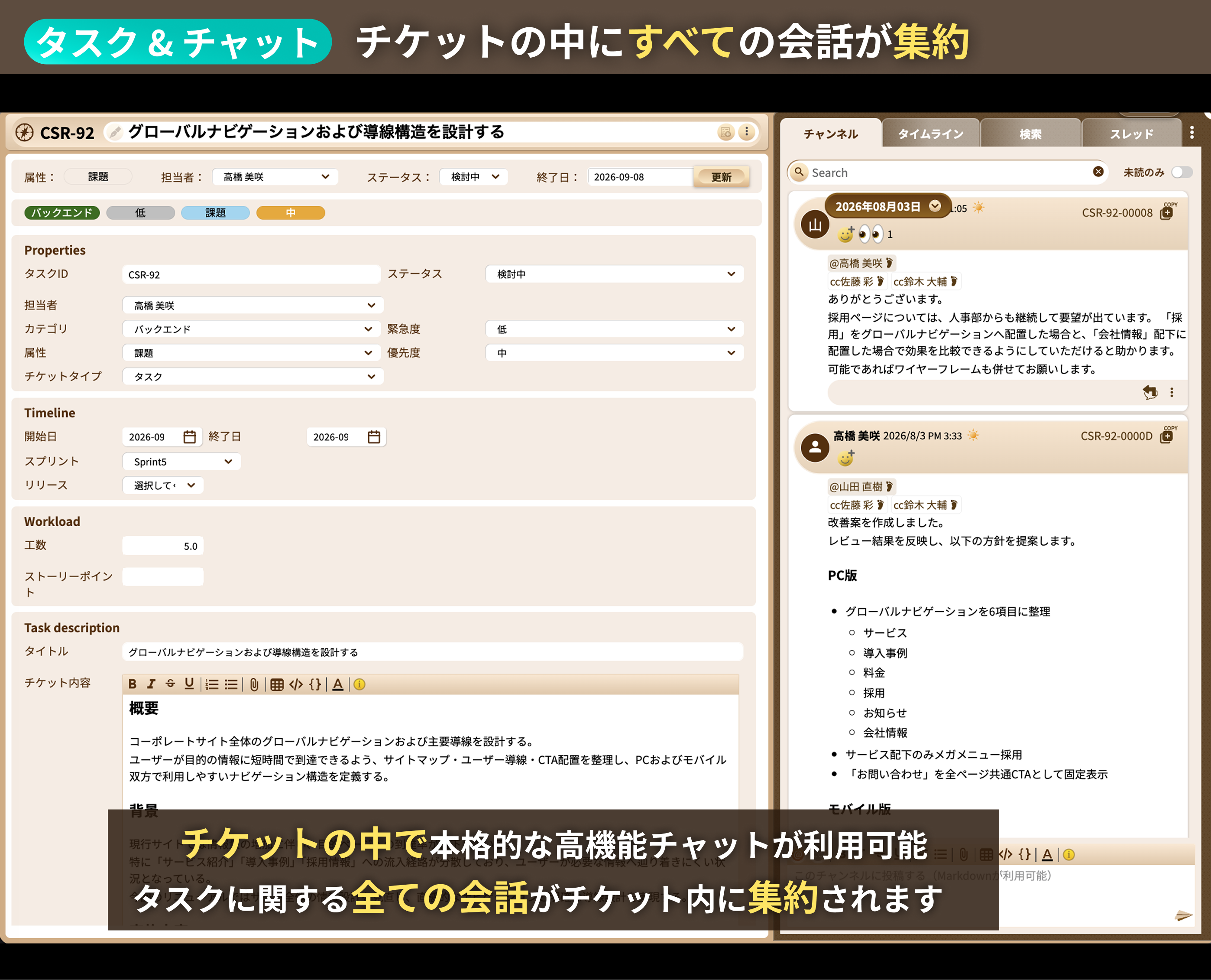 チケットの中にすべての会話が集約