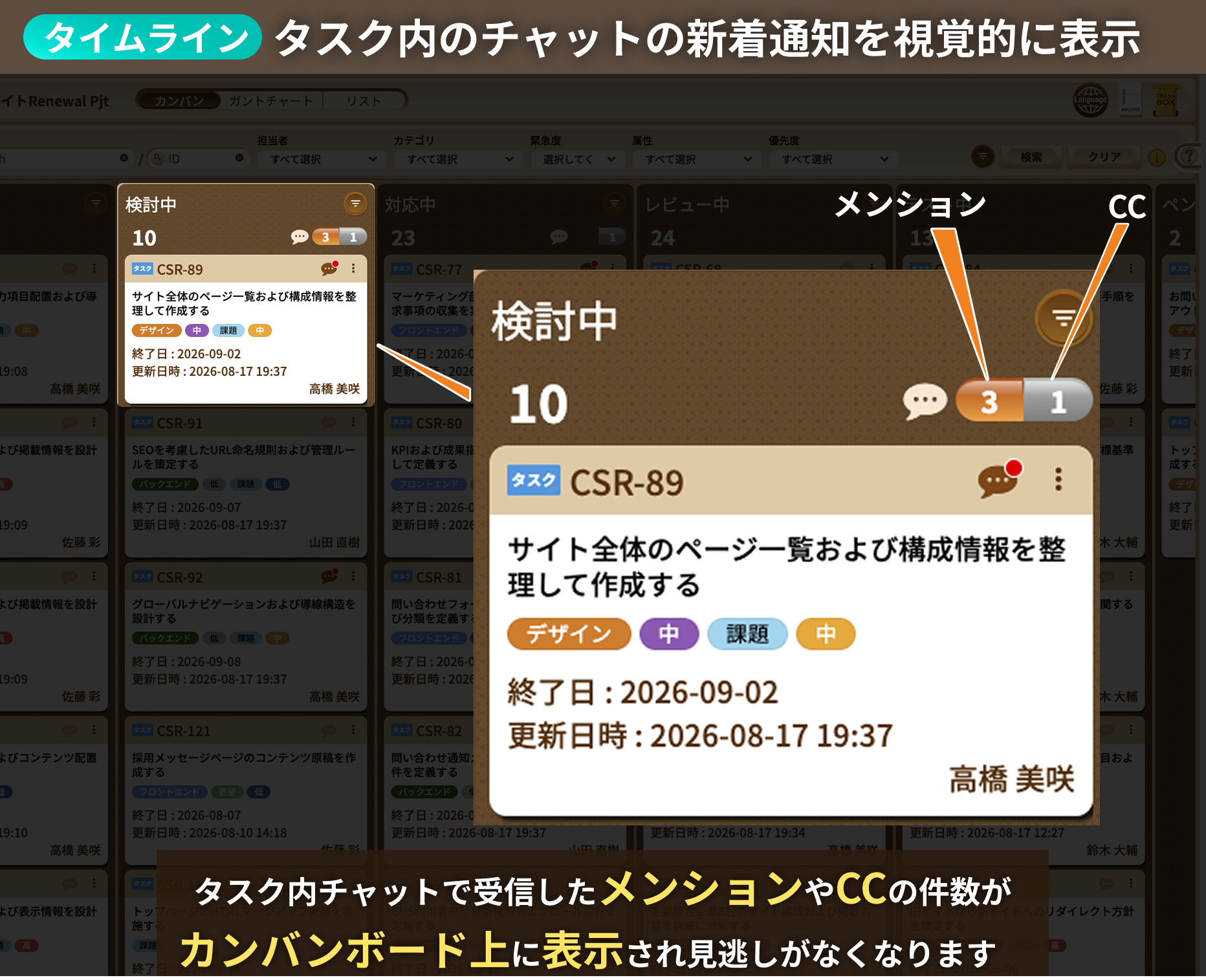 タスク内のチャットの新着通知を視覚的に表示